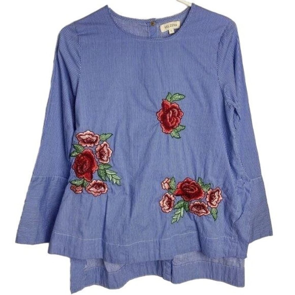4/$25 Velzera Blouse Top‎ Floral Rose Embroidered Blue White Striped Women's S
